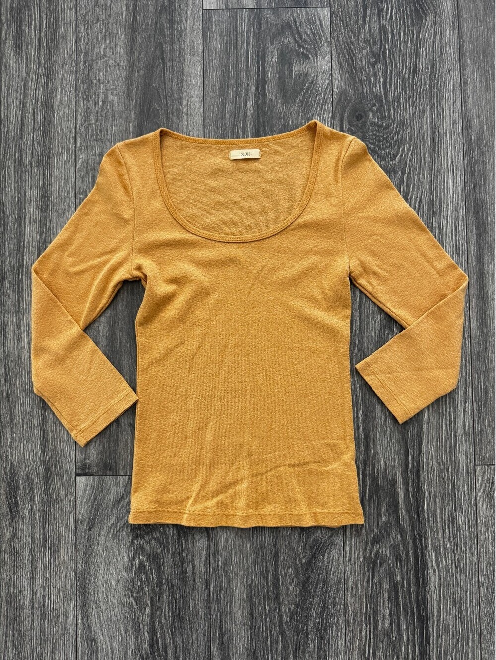 Y2K XXI Forever 21 Mustard Scoop Neck 3/4 Sleeve Fitted Top Large Made USA